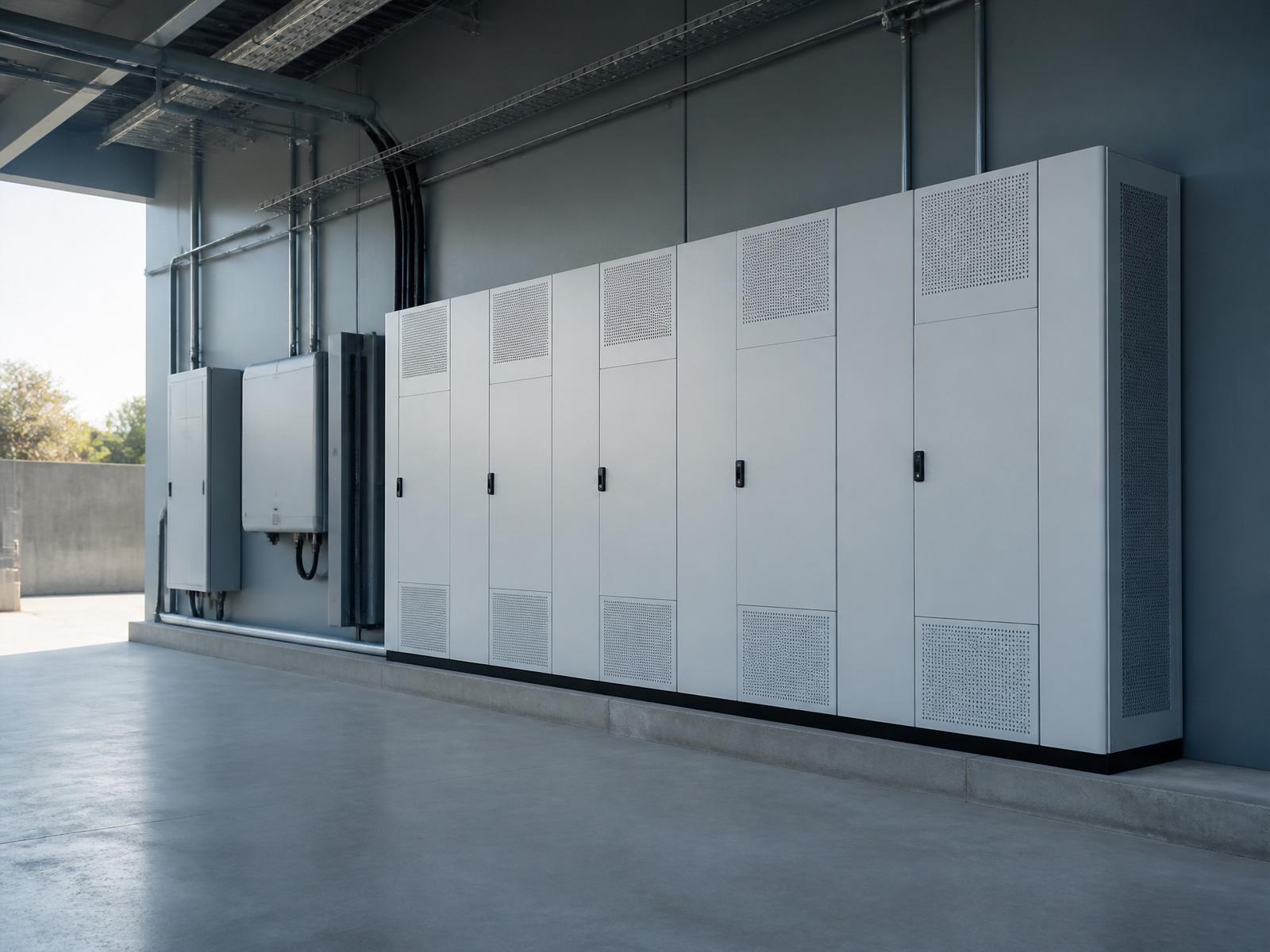 Batterijopslagsysteem met omvormers in een technische ruimte